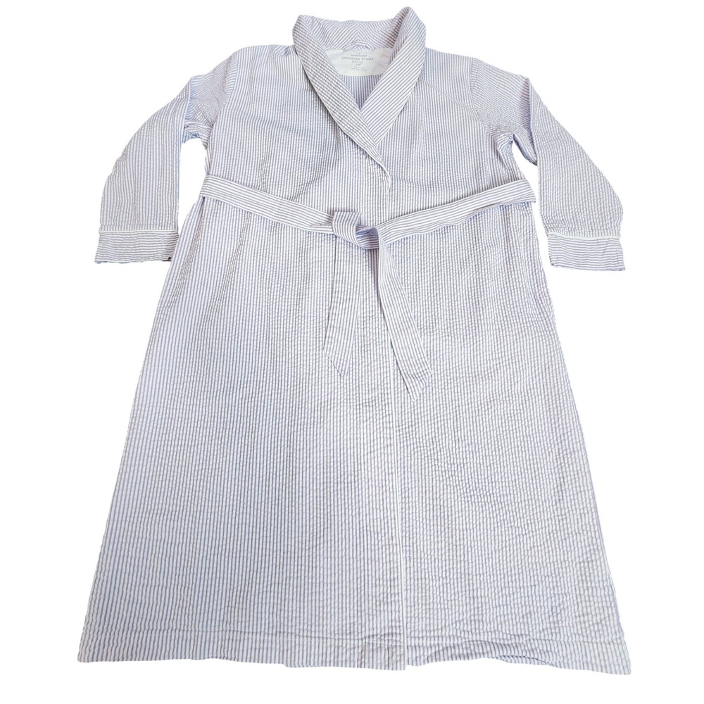 The Vermont Country Store Seersucker Wrap Robe Blue Stripe Summer Cotton Sz. LP